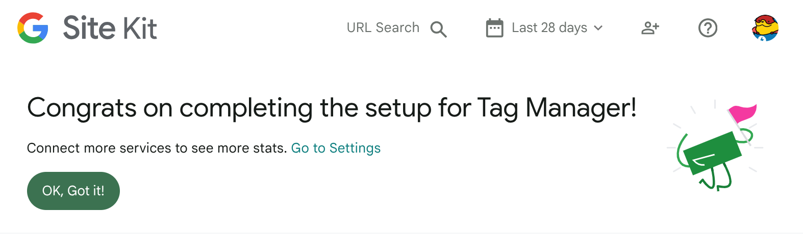 The success banner see once completing the Tag Manager setup