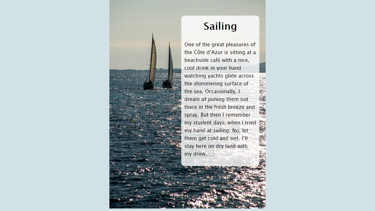 Somewhat transparent white text box over an image of a seashore