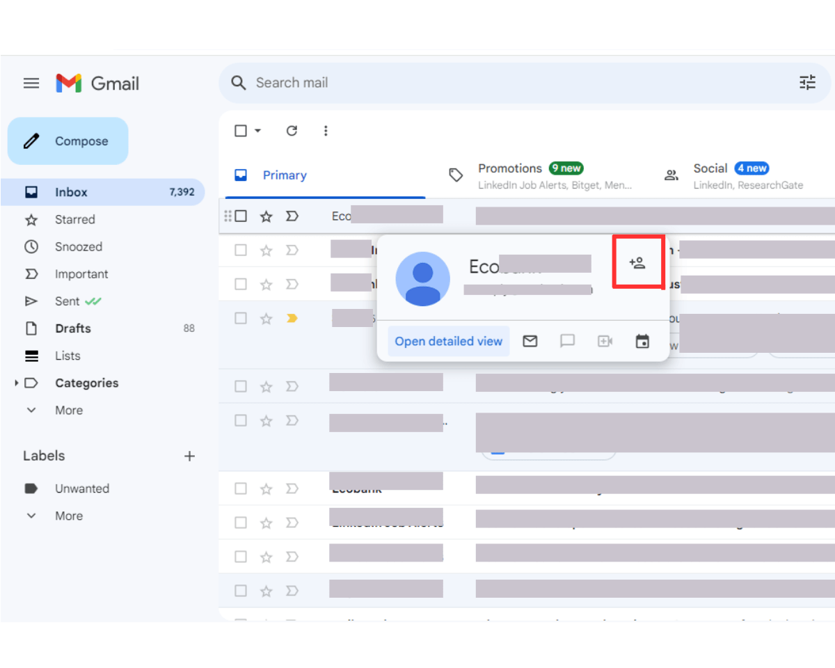 How to add contact to Gmail using an email: When the sender info pops up, click the Add to contacts icon