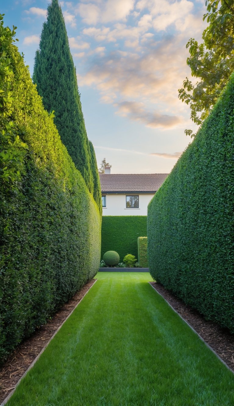 A serene backyard with tall hedges and trees creating a natural barrier between two houses, providing privacy and seclusion