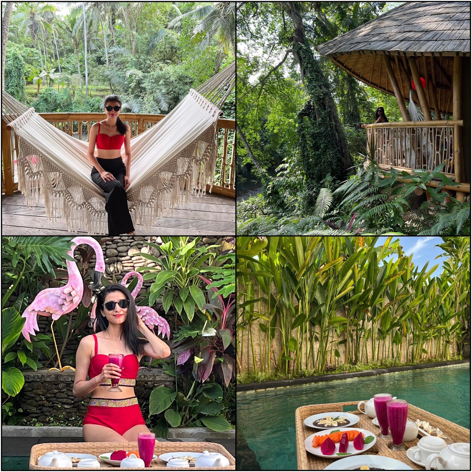 villa with pool , bamboo tree house hotel , floating breakfast in ubud bali 