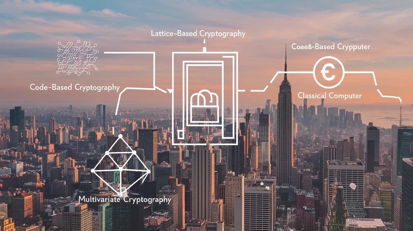 Diagram of post-quantum cryptography, illustrating new encryption methods designed to be secure against quantum attacks.