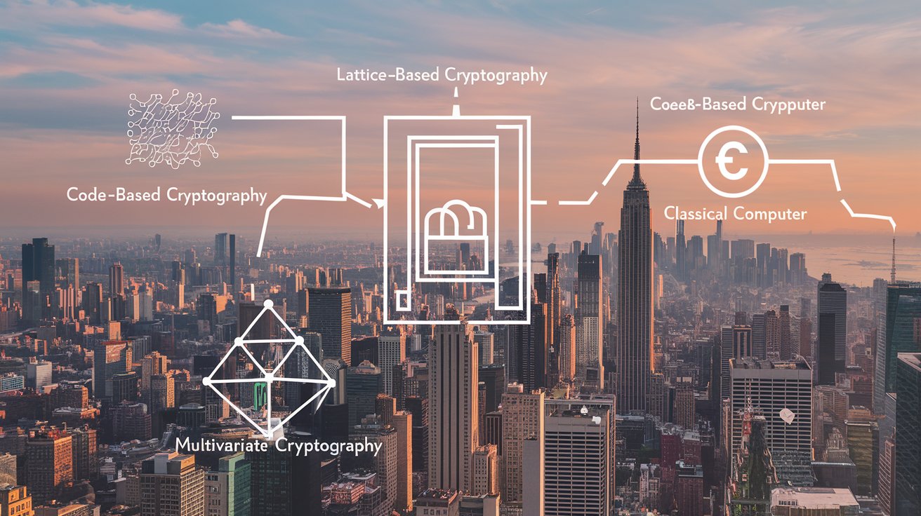 Diagram of post-quantum cryptography, illustrating new encryption methods designed to be secure against quantum attacks.