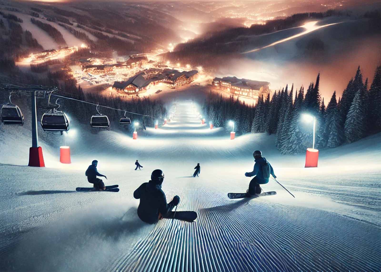 An image of snowboarders riding down a freshly groomed run at night, with lights on both sides of the run. The run is above a lit up mountain town