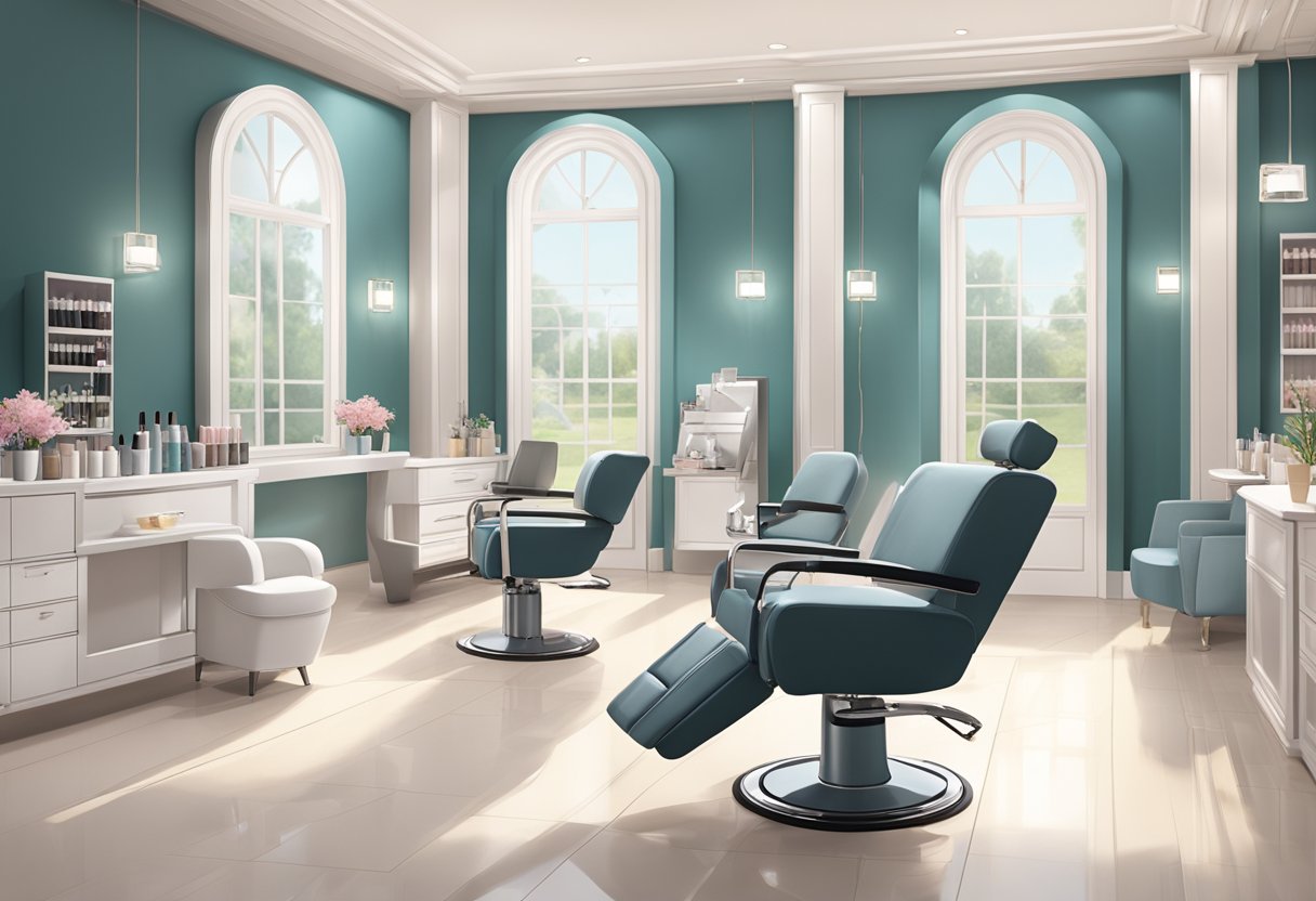 A serene salon setting with a comfortable reclining chair, soft lighting, and a professional lash lift kit displayed on a clean, organized counter