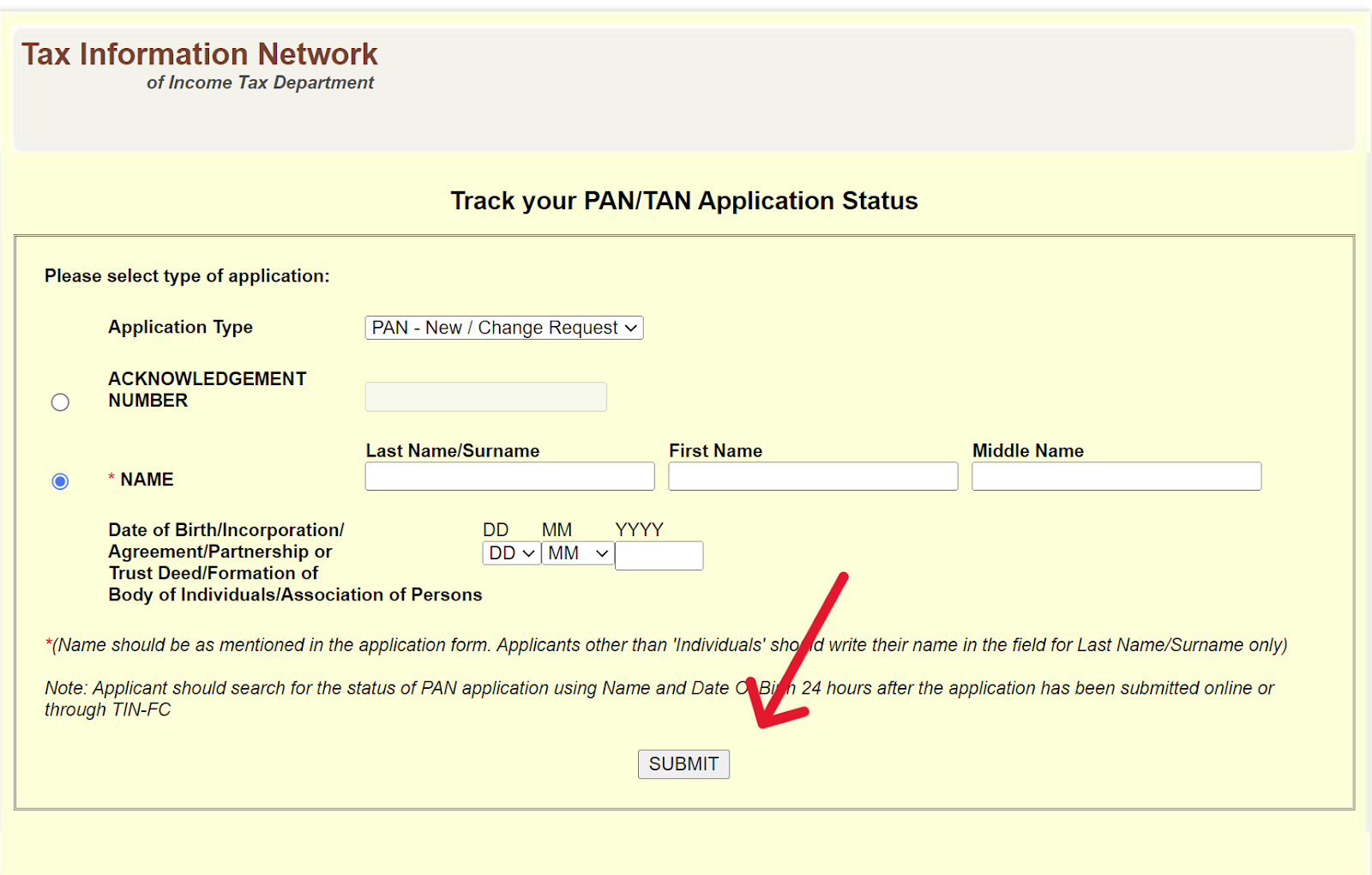 TIN NSDL PAN Status Track Page