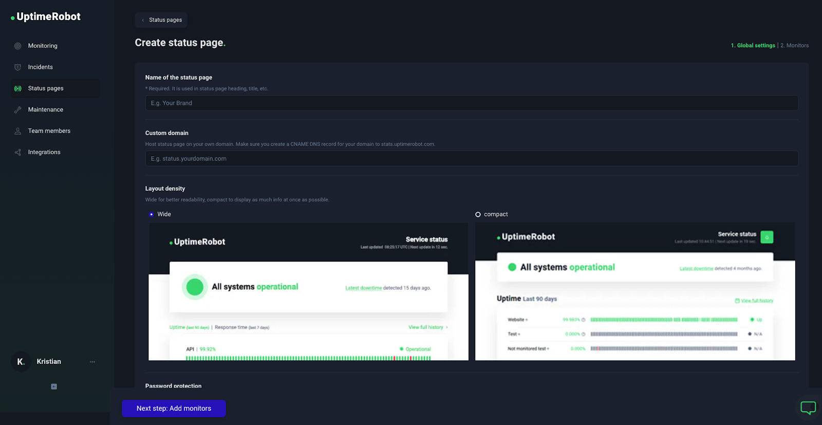 UptimeRobot dashboard Step 3