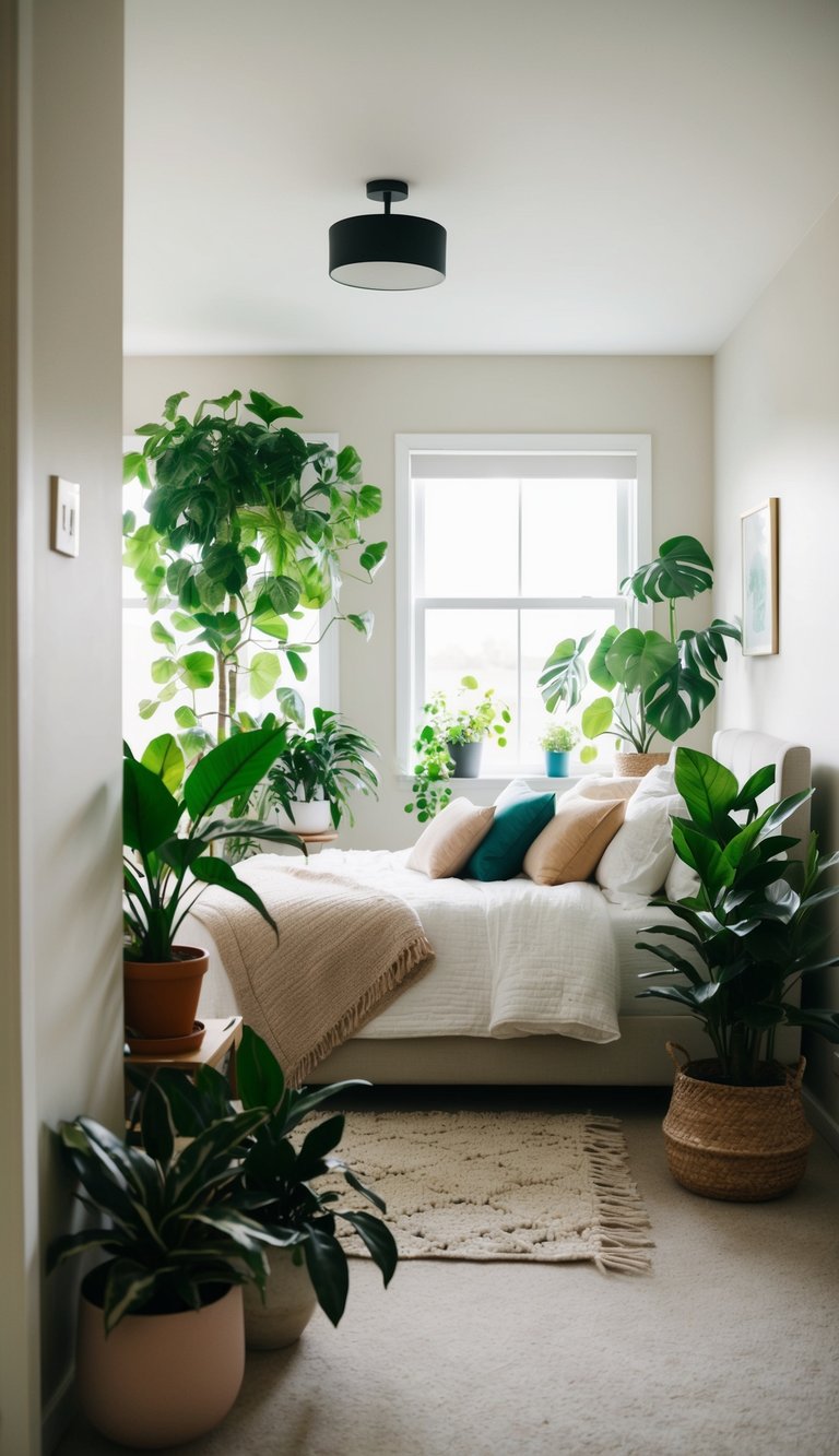 A cozy guest bedroom with a variety of lush indoor plants scattered throughout, adding a touch of natural beauty to the space