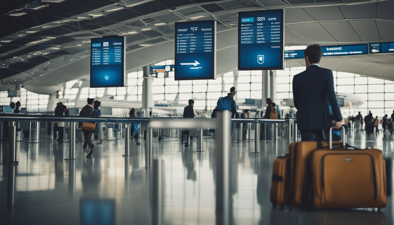 A traveler securely locks their luggage, uses a secure wallet, and keeps an eye on their surroundings while navigating a busy airport