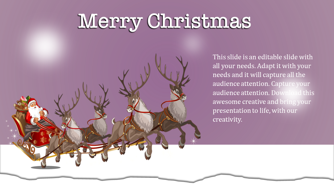 Santa riding a festive sleigh pulled by reindeer on a snowy background with "Merry Christmas" text and a purple sky.