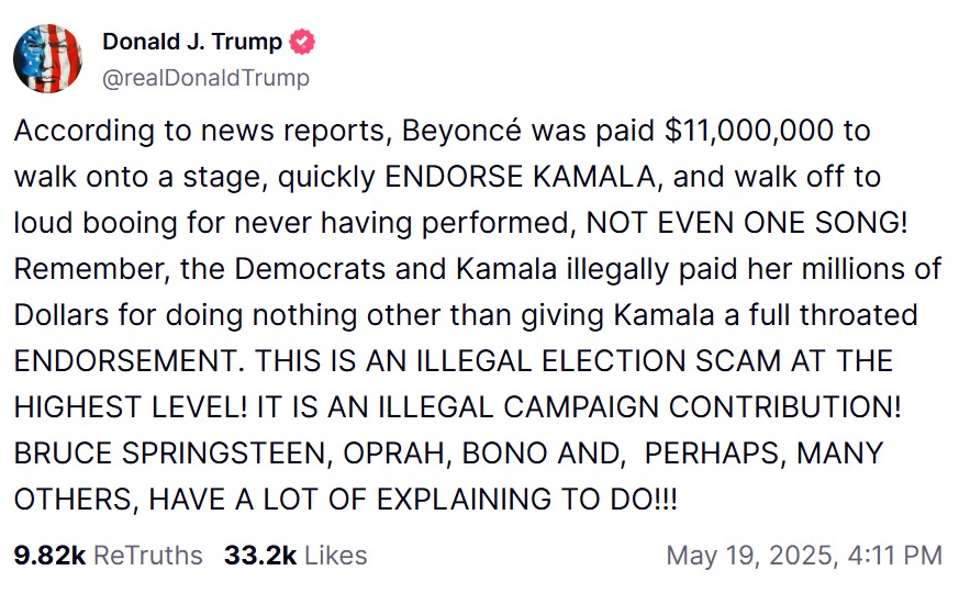 Harris Did Not Pay Beyoncé $11 Million for Endorsement