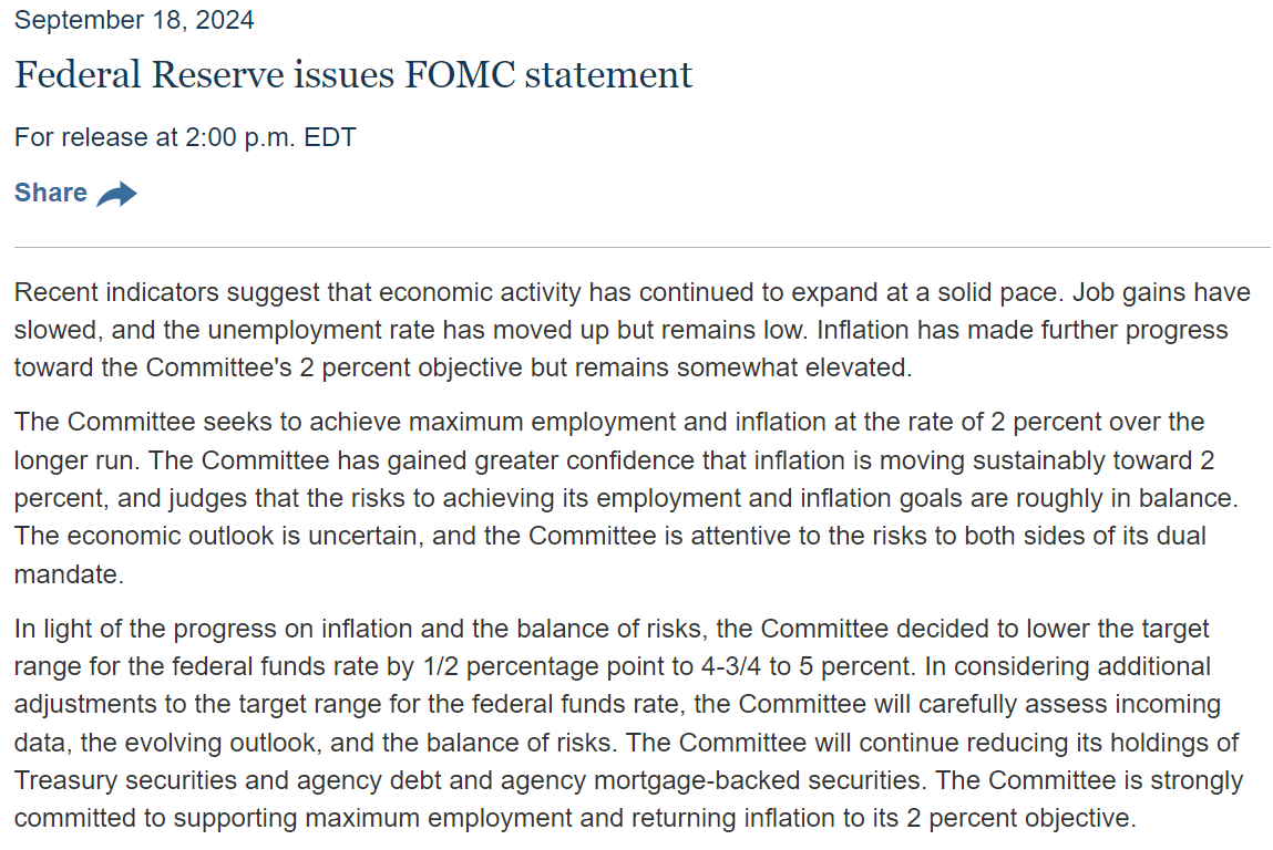 The Federal Reserve's FMOC statement from September explaining why they're raising interest rates. 