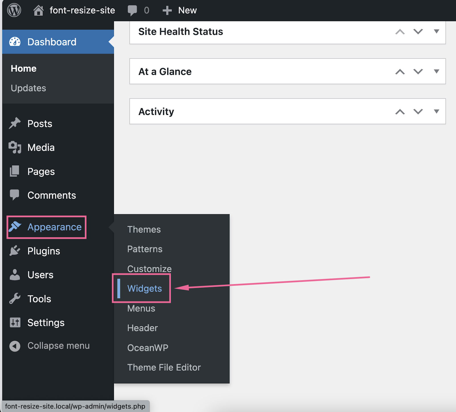 Panel de administración de WordPress. El usuario está navegando por el menú de Apariencia