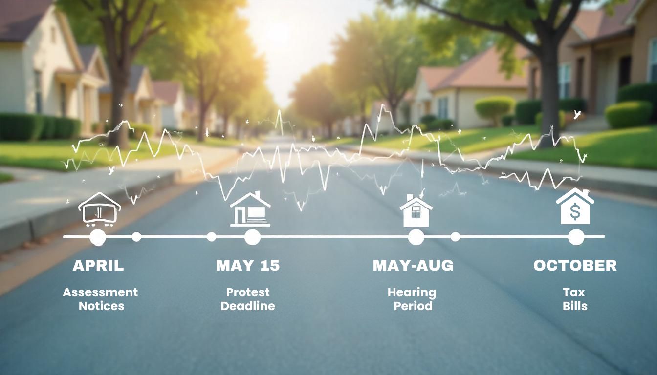  Visual timeline showing the four key dates in the Texas property tax protest process from assessment notices to tax bills.