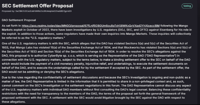 Mango Markets DAO Proposes SEC Settlement 