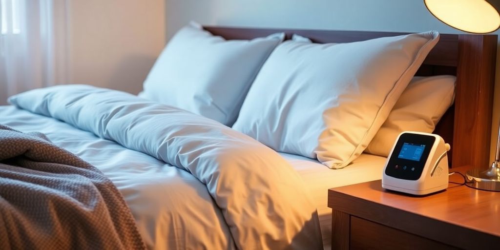 Cozy bedroom with sleep apnea treatment device on nightstand.