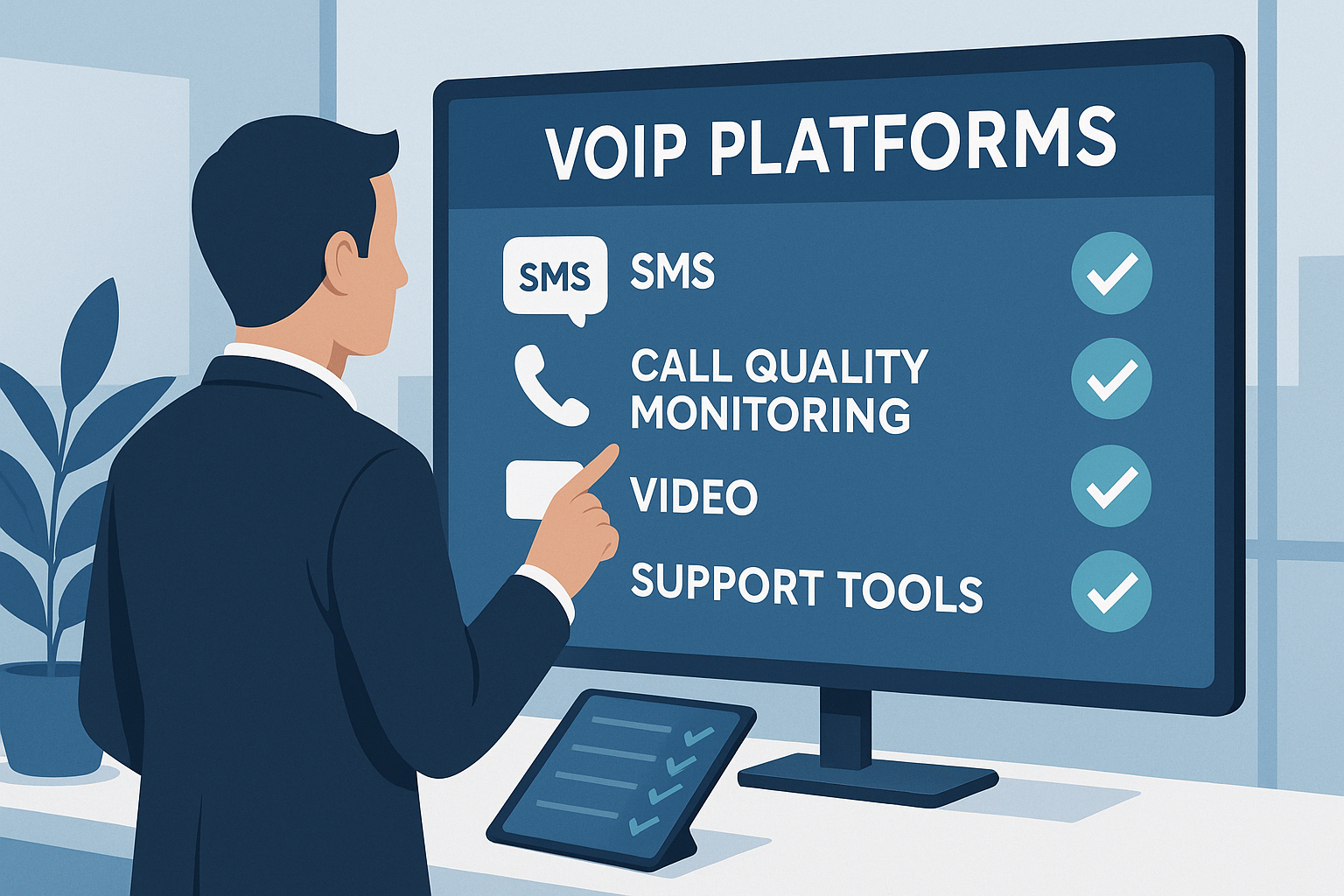 IT service provider comparing VoIP reseller platforms on a digital checklist.