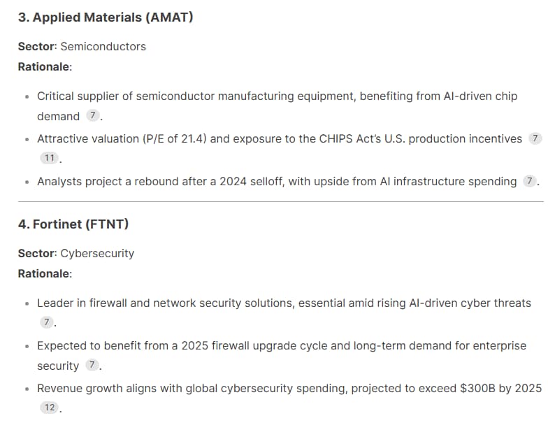 Image showing DeepSeek stock pick regarding AMAT and FTNT.