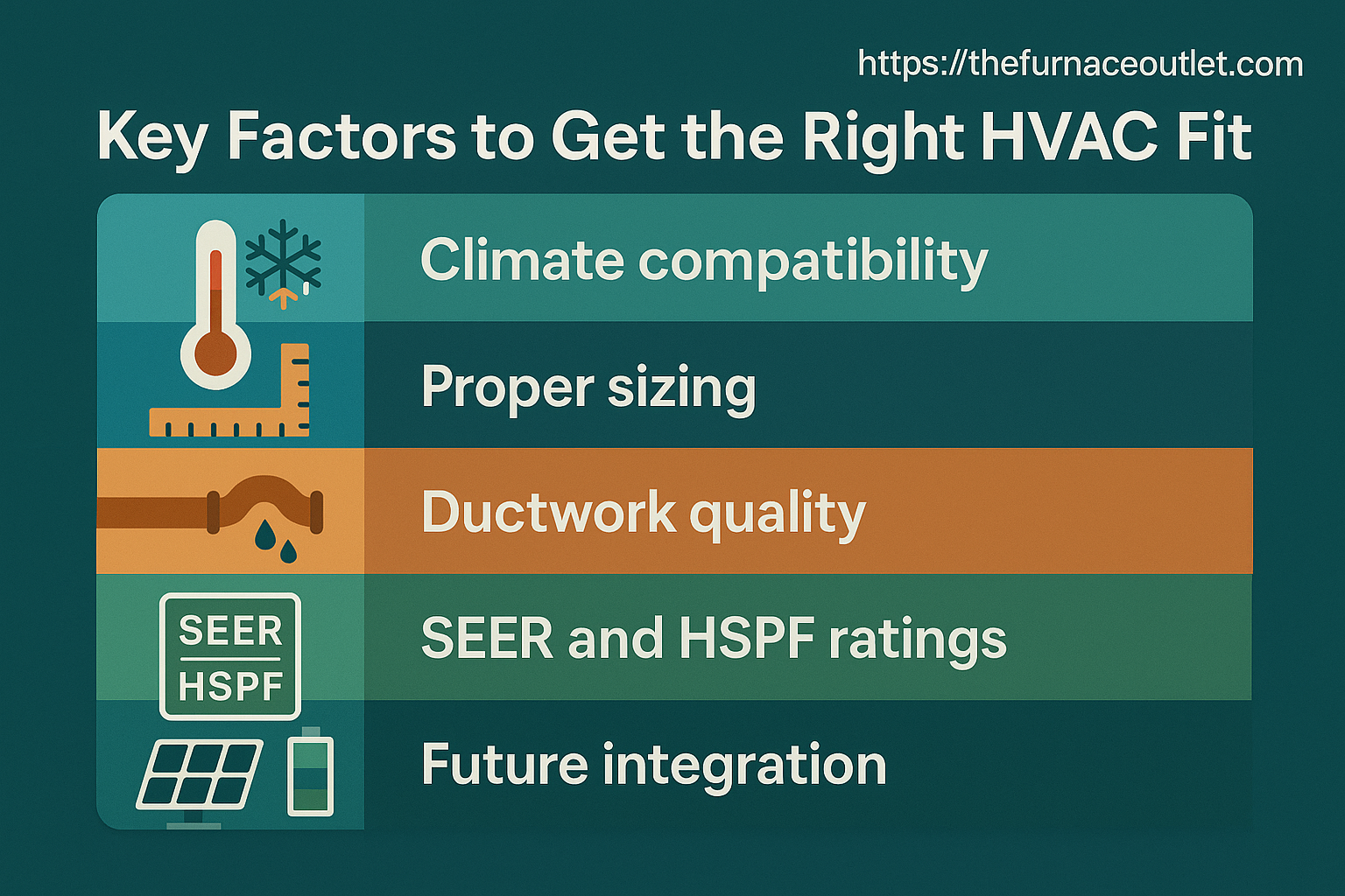 A flat design infographic image from The Furnace Outlet presents five key factors for choosing the right HVAC system: climate compatibility, proper sizing, ductwork quality, SEER and HSPF ratings, and future integration, with colorful icons and clean text layout.