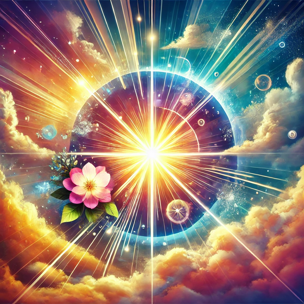 An inspiring image depicting rays of light breaking through clouds, symbolizing the unveiling and powerful impact of affirmations. A central light source radiates energy and positivity, with a blossoming flower below representing growth and transformation. The color palette is bright and uplifting, evoking a sense of inner strength, clarity, and empowerment.