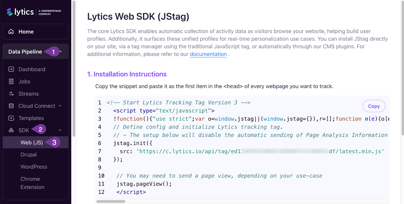 Lytics Web SDK (JSTag) installation screen showing JavaScript snippet and highlighted Web (JS) menu path.