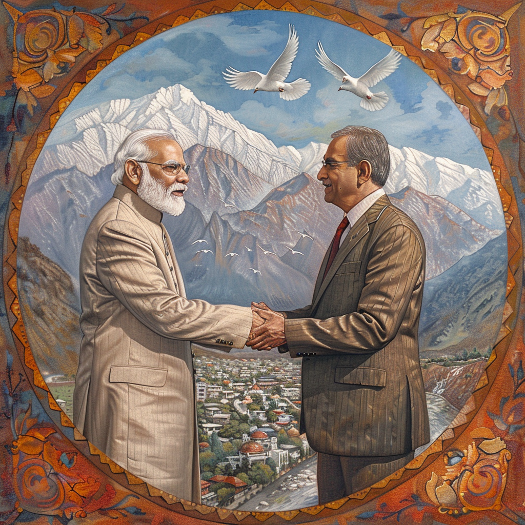 Two men shaking hands in front of a landscape

Description automatically generated