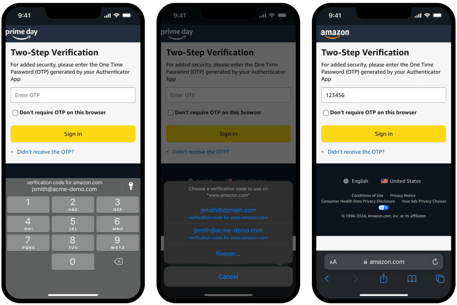 Capturas de tela mostrando a nova atualização do Keeper para iOS com preenchimento automático via TOTP.