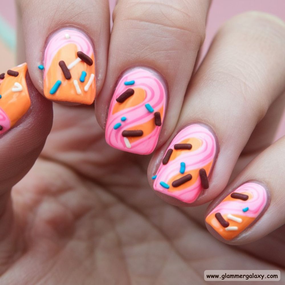 Orange and Pink Summer Nails with Sweet Ice Cream Swirls