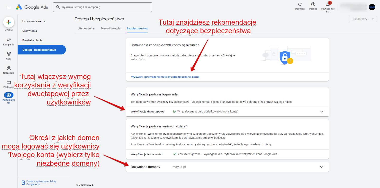 Szczegółowe nadawanie uprawnień użytkownikom w panelu Google Ads