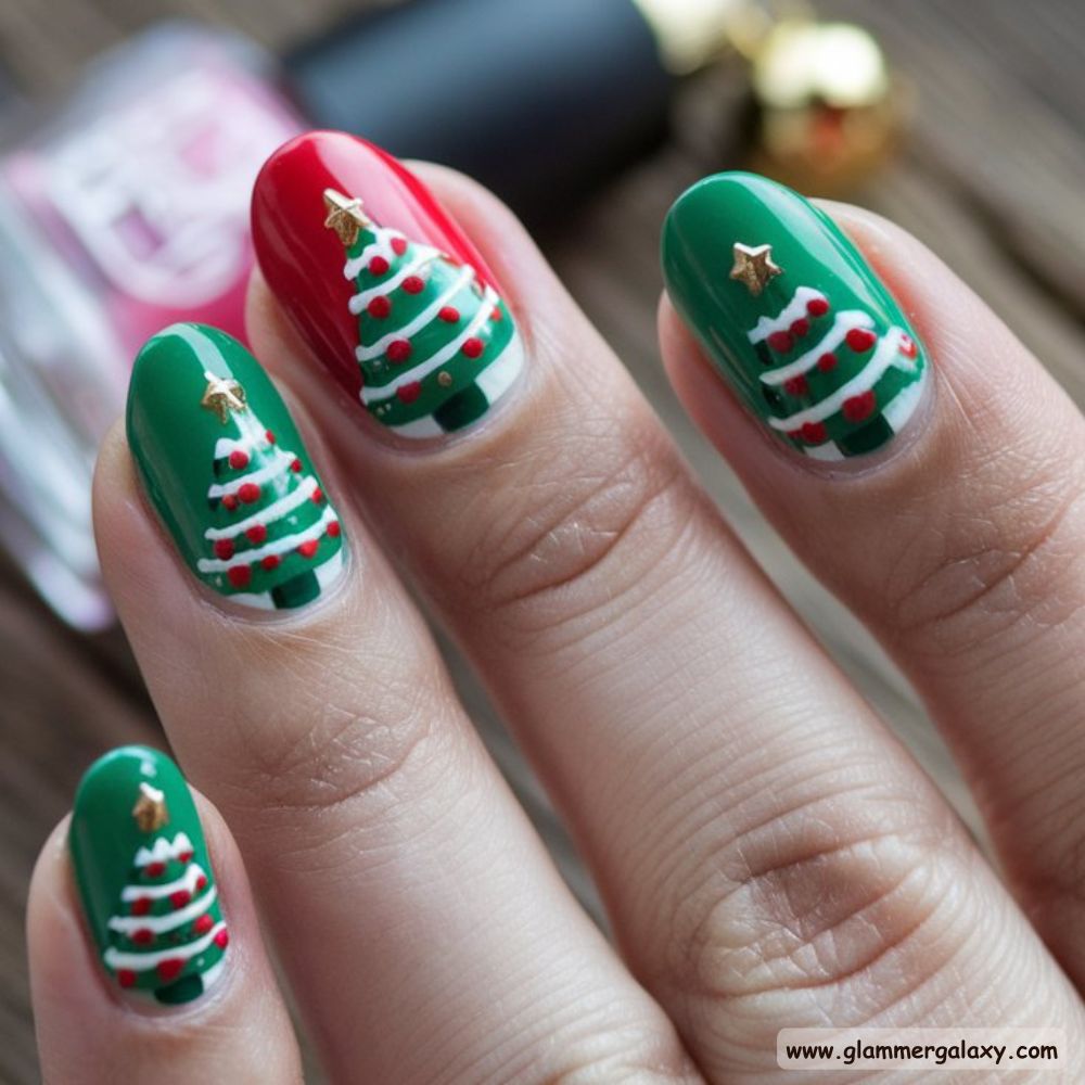 Short Christmas Nails having Vibrant Christmas Tree Colors