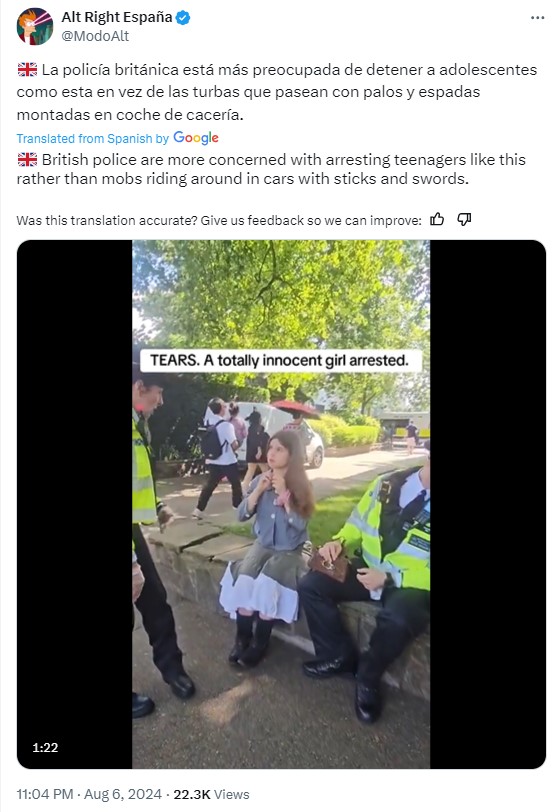 British police are more concerned with arresting teenagers like this rather than mobs riding around in cars with sticks and swords.