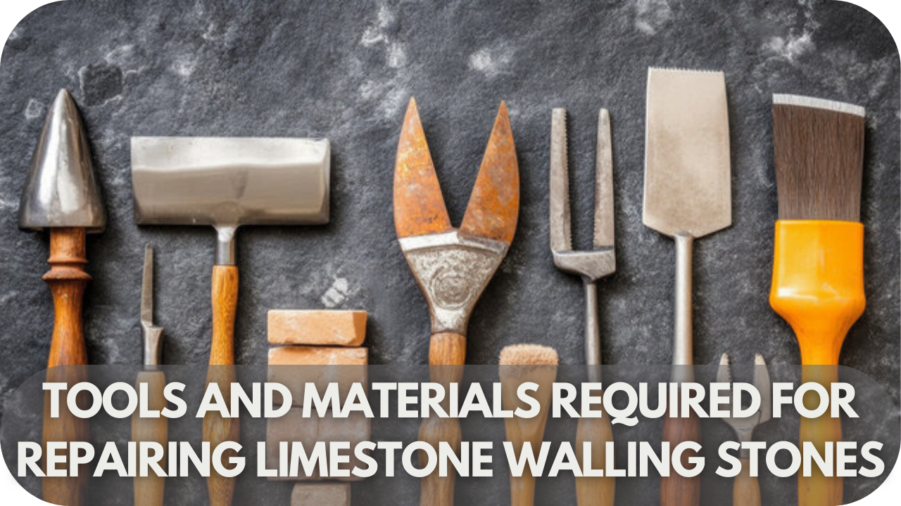 Essential tools and materials for limestone wall restoration.