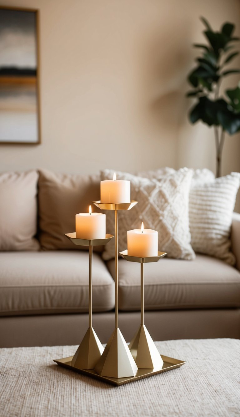 A cozy beige living room with modern geometric candle holders as the focal point