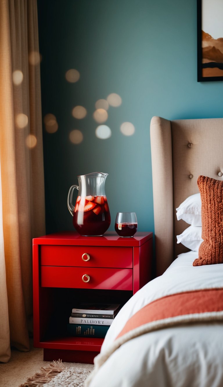 A sleek red nightstand with a pitcher of sangria, surrounded by cozy bedroom decor in warm tones