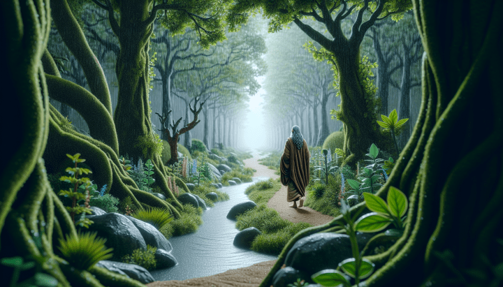 Sage Jaratkaru walks along a small forest pathway surrounded by lush greenery, with a light drizzle falling from the sky. Only his back is visible as he moves deeper into the forest, symbolizing simplicity and tranquility in ancient India.