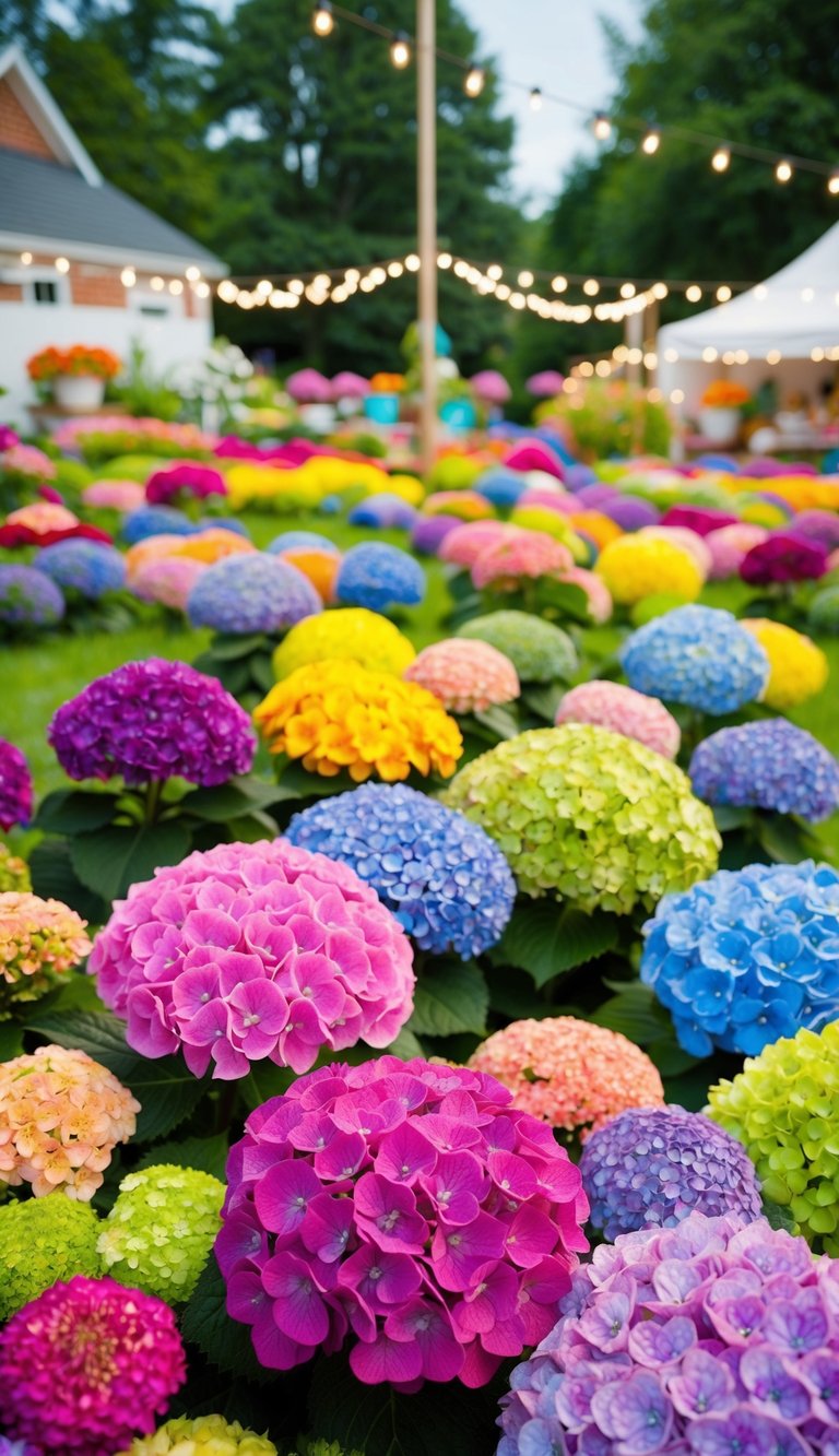 A colorful yard filled with various types of hydrangeas arranged in a bohemian style, creating a vibrant and lively festival atmosphere