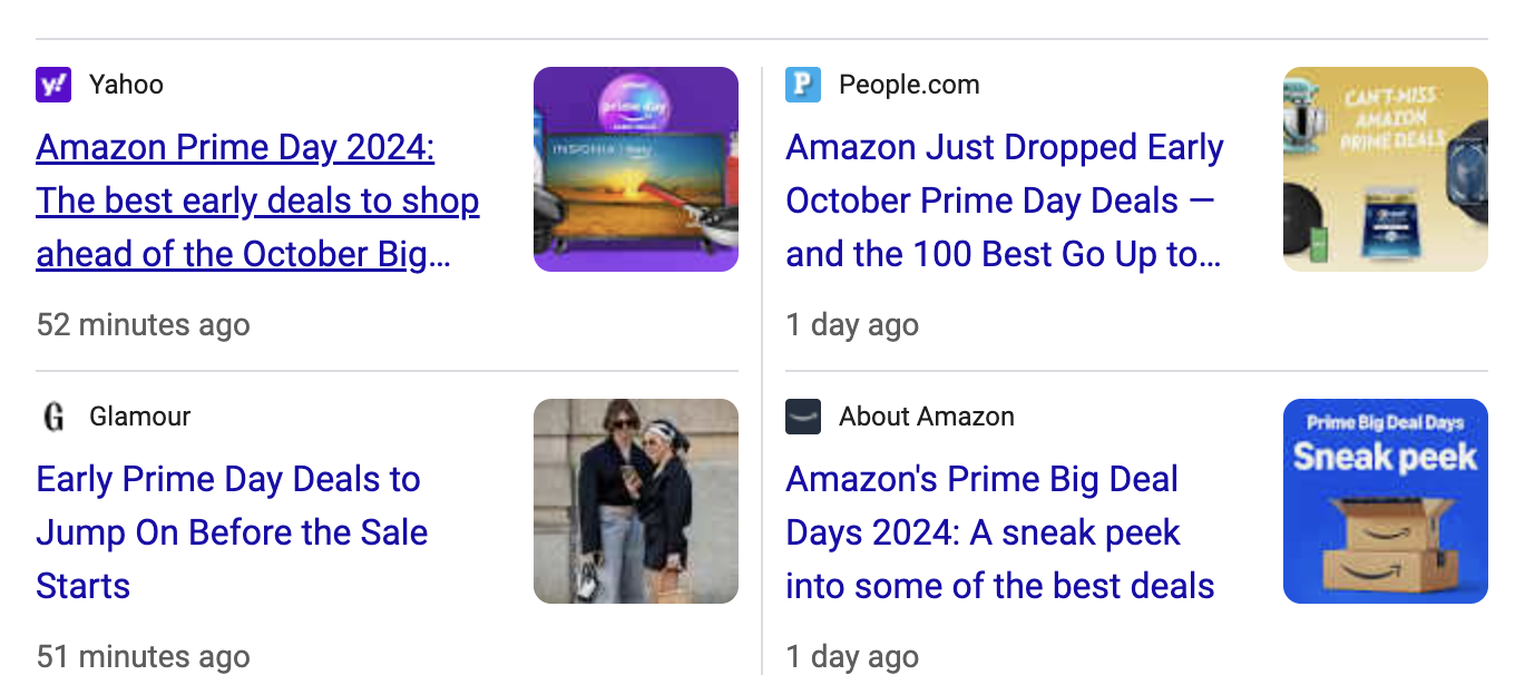 Grid of Google News results from numerous outlets, including People.com, hyping Amazon Prime Day deals