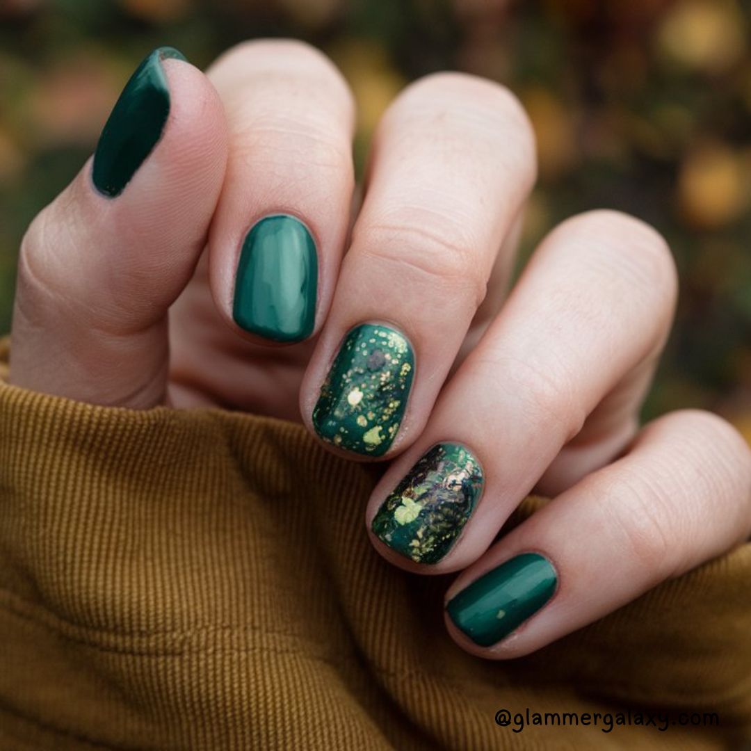 Bold Fall Nail Art Designs Having Forest Green and Shimmer
