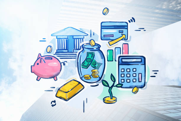 Art picture that includes a piggy bank, money jar, gold bar, calculator, credit card, and bank.