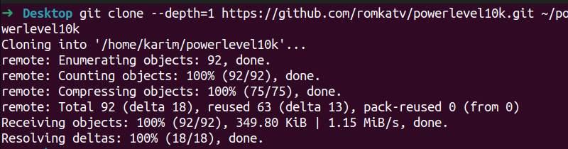 Terminal output showing Powerlevel10k theme cloned using git clone command