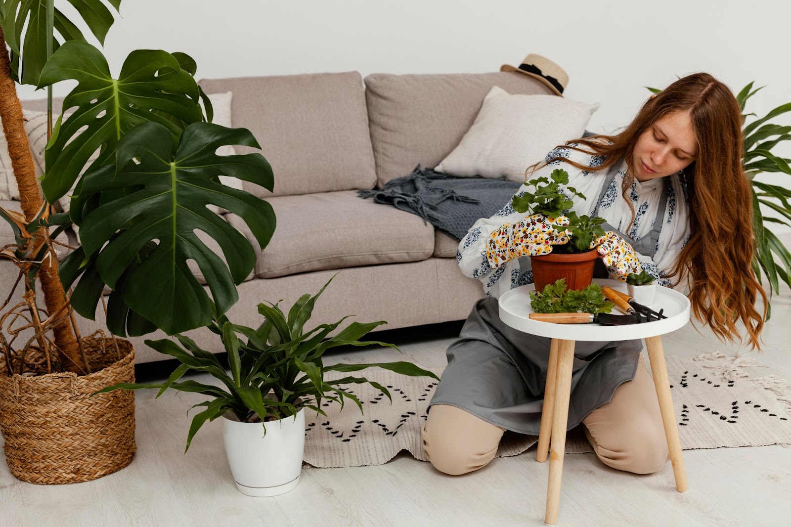 Picture of a woman in her living room decorating with indoor plants.