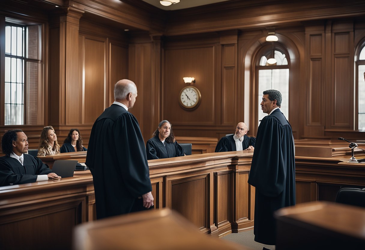 A courtroom scene with a judge, plaintiff, and defendant. The plaintiff's lawyer presents evidence of physical, emotional, and financial damages