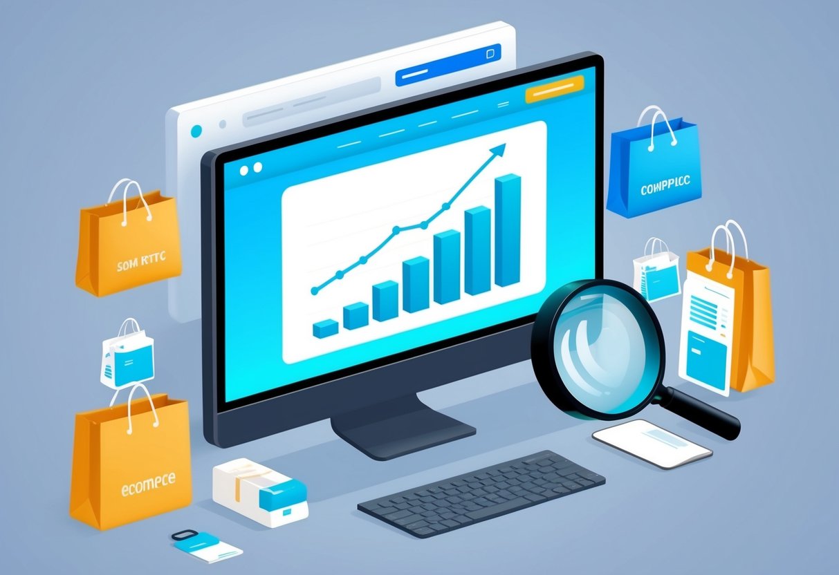 A computer screen displaying a graph with an upward trend, surrounded by various ecommerce products and a magnifying glass symbolizing SEO success