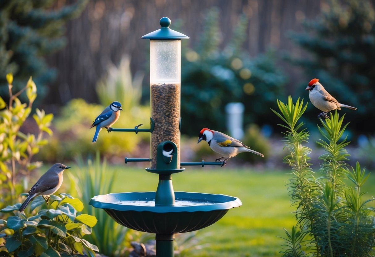 A garden in late winter, with bird feeders, birdbath, and native plants. Birds of various species are perched and feeding