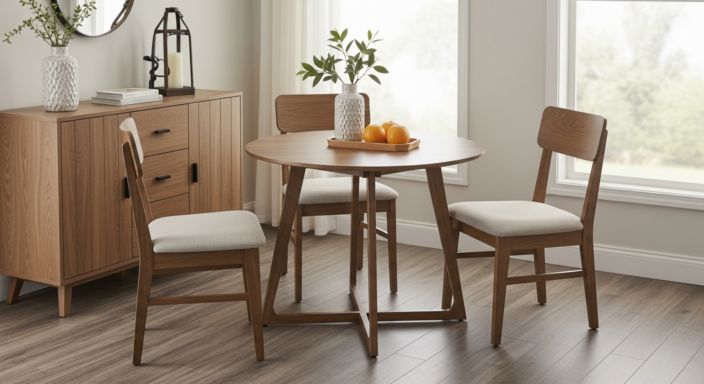 A dining table with the three chairs