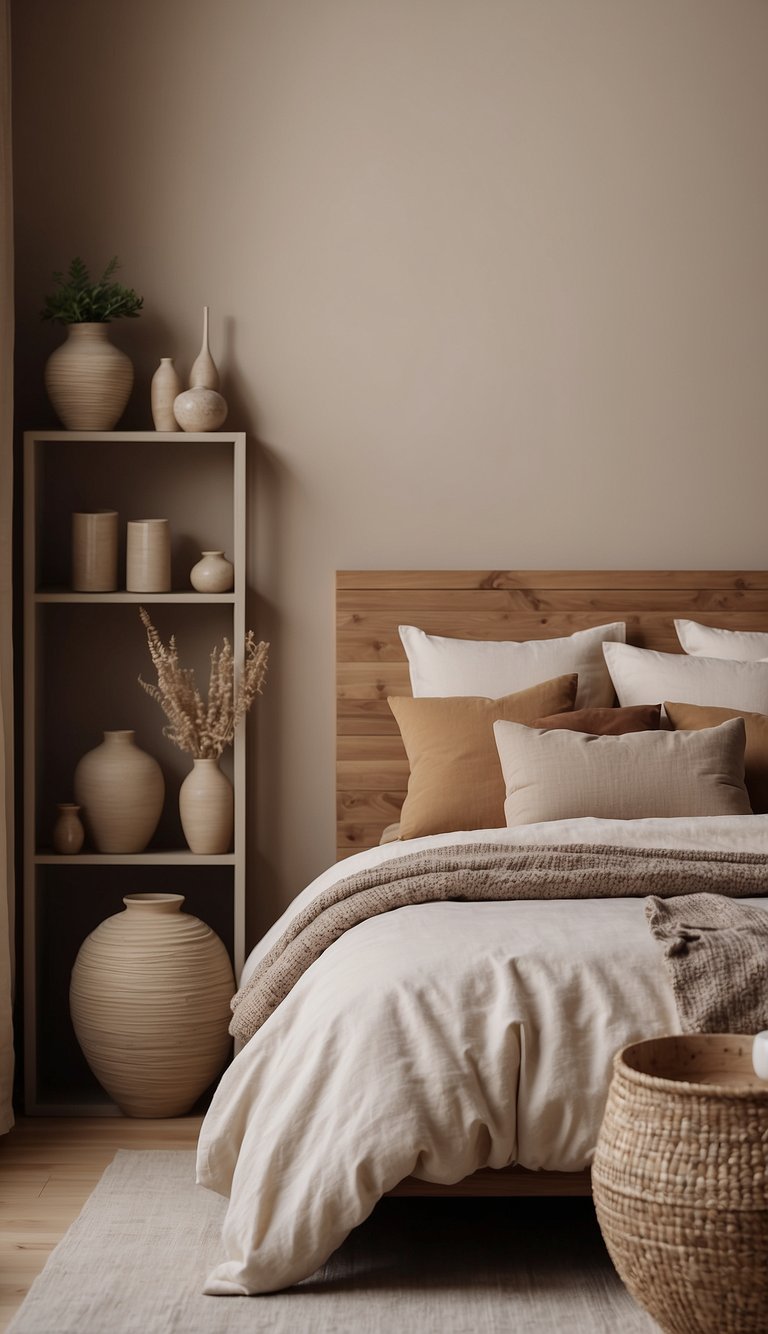 A neutral bedroom with clay pottery decor, including vases, bowls, and sculptures arranged on shelves and bedside tables