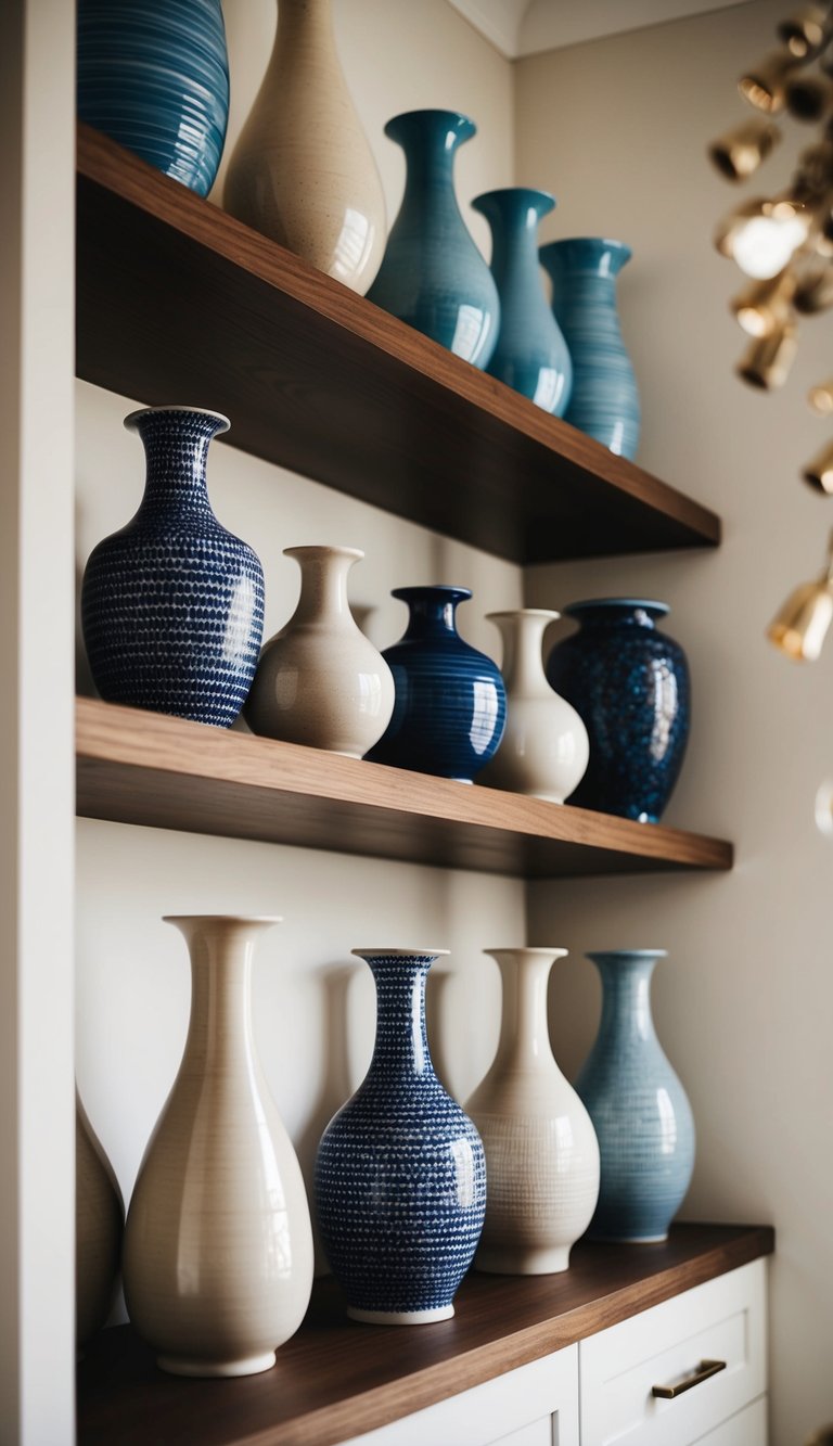 A collection of ceramic vases arranged on a wooden shelf in a sophisticated, grown woman's bedroom