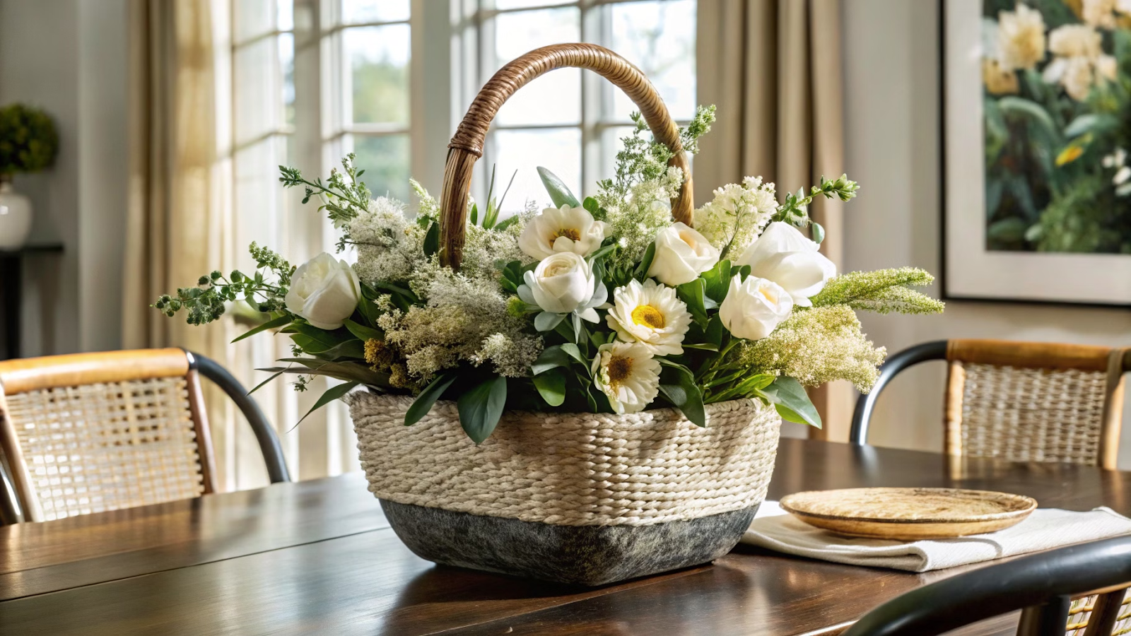 Cesta de palha com alça de metal servindo como centro de mesa com flores, ideal para decorar a sala de jantar.