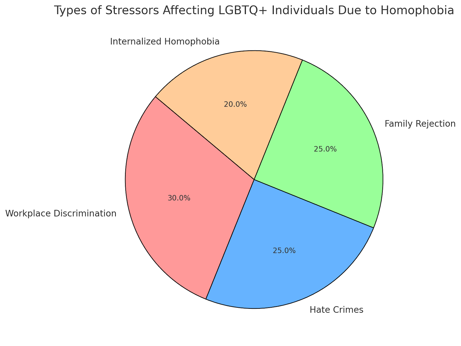 Pie chart showing stressors affecting LGBTQ+ individuals due to homophobia, including family rejection and hate crimes.