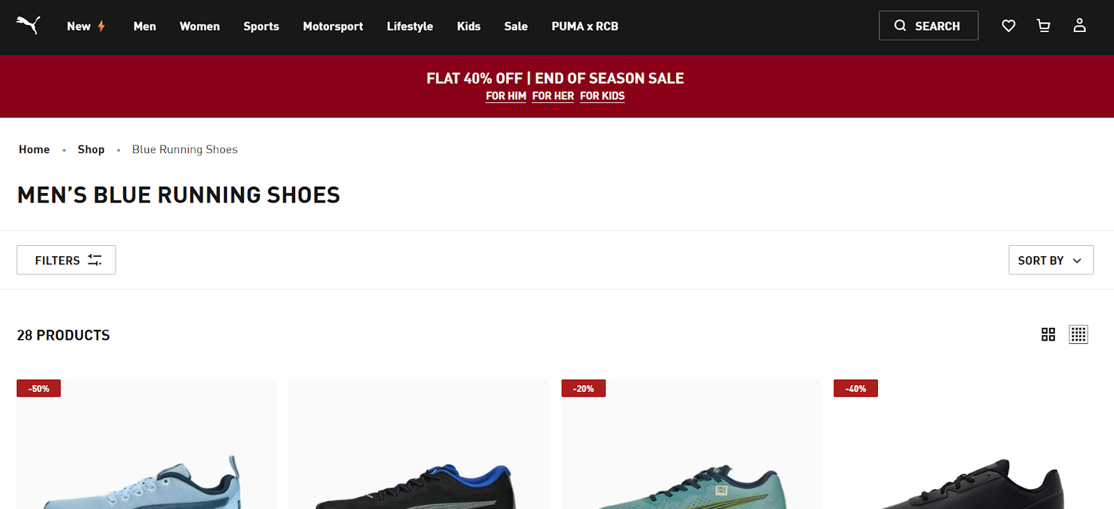 Image showing Puma’s product landing page with a banner announcing 40% off 